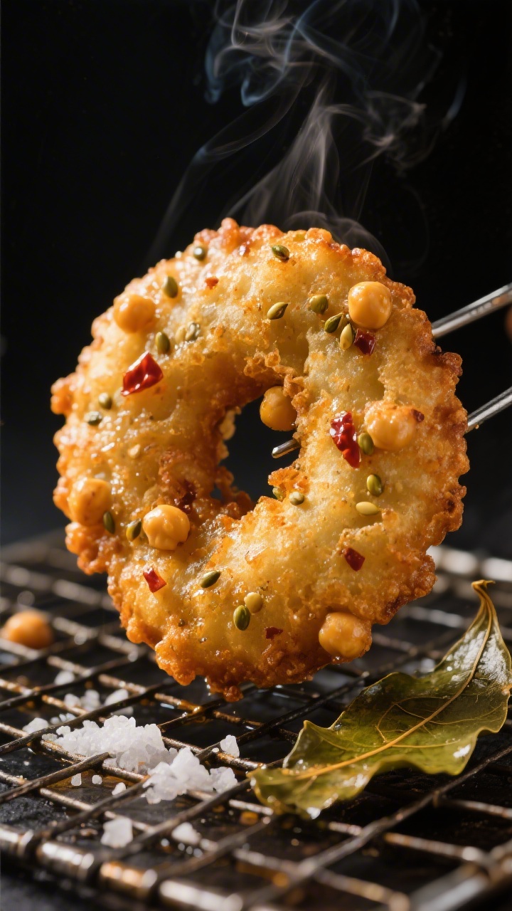Close-up detail: Aloo vada just lifted from hot oil, glistening and deeply golden with a delicate, c