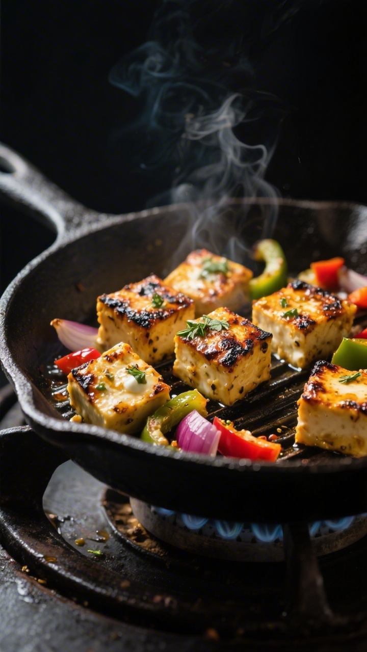 Close-up detail: Charred paneer tikka bites sizzling in a heavy cast-iron grill pan on the stovetop,