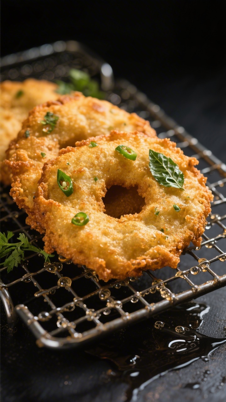 Close-up detail: Crisp, deep-golden suji vadas just lifted from the oil, resting on a wire rack with
