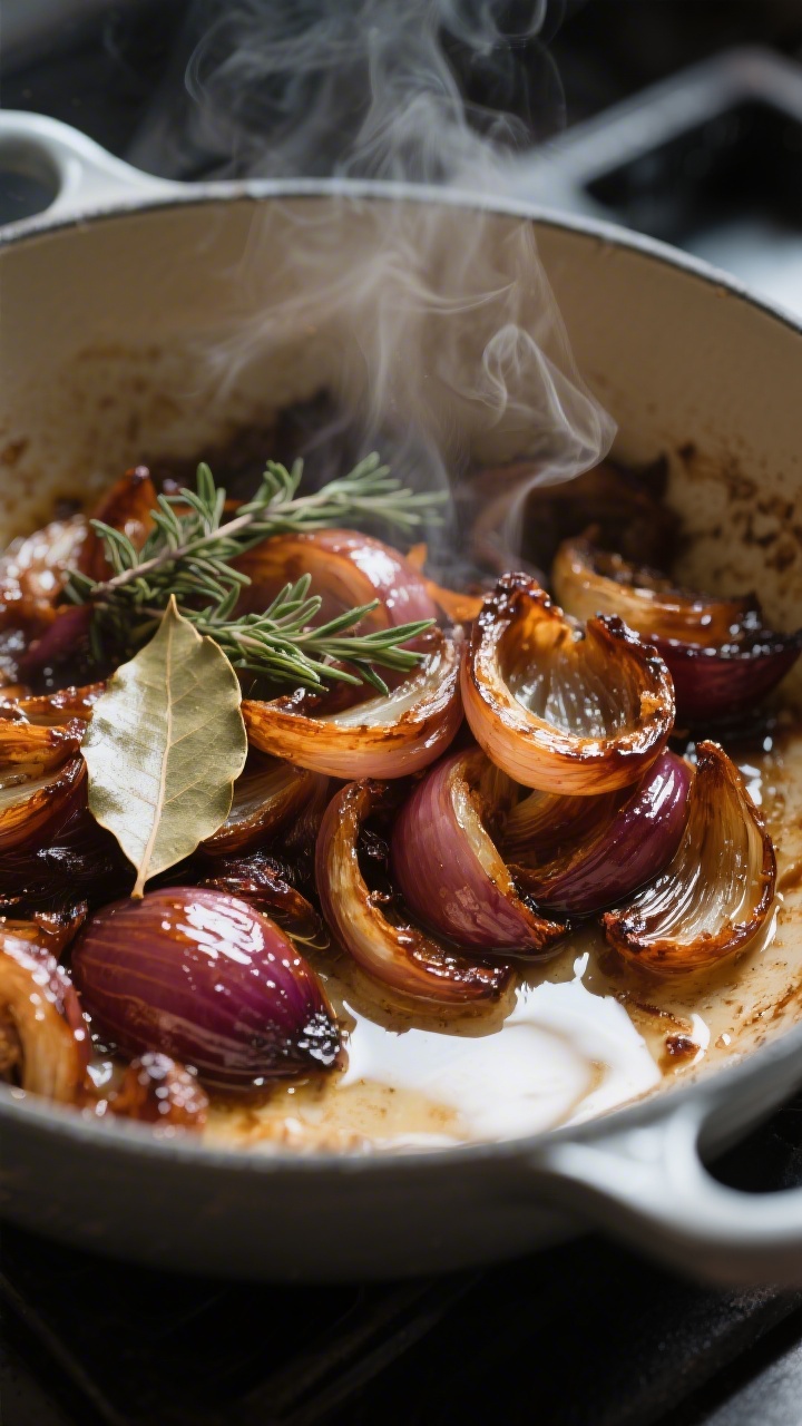 Close-up detail: Deeply caramelized onions in a Dutch oven, jammy and mahogany-brown with glossy edg