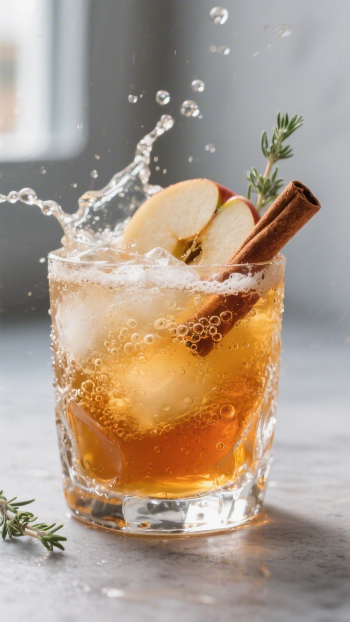 Close-up detail: Freshly strained Honey Bourbon Cider Fizz being topped with a lively splash of spar