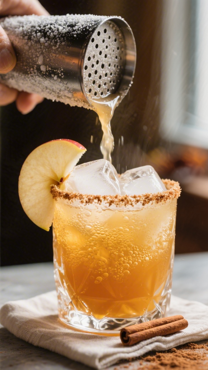 Close-up detail: Frosty shaker pour of an Apple Cider Margarita straining over fresh jumbo ice into 