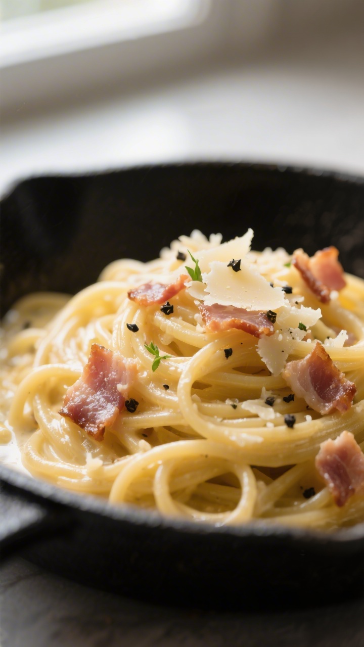 Close-up detail: Glossy spaghetti carbonara just off the heat, strands coated in a silky egg-and-Pec