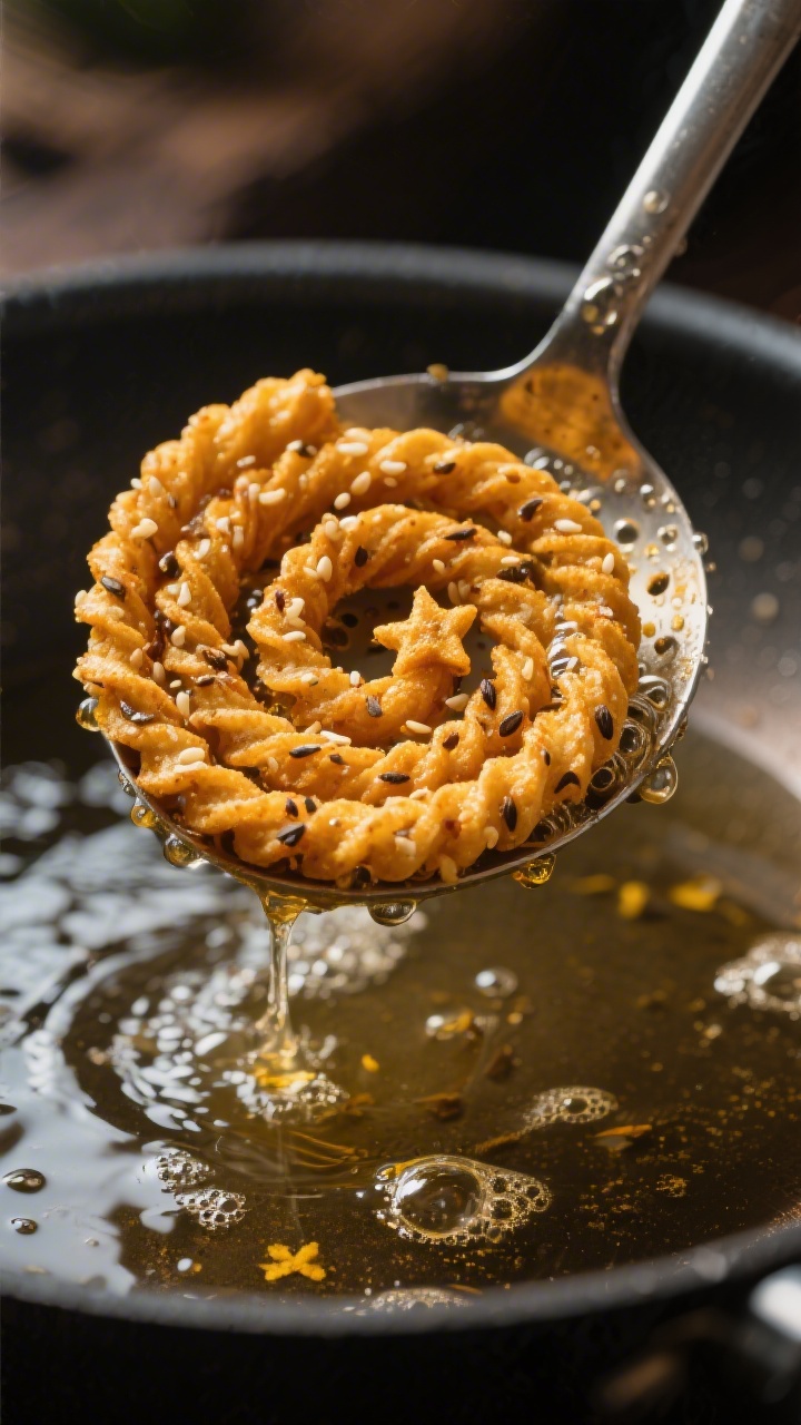 Close-up detail: Golden-brown atta chakli just lifted from hot oil with a slotted spoon, beads of ge