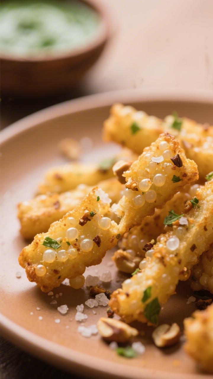Close-up detail: Golden sabudana fries just out of the pan, shallow-fried to a crisp with tiny trans