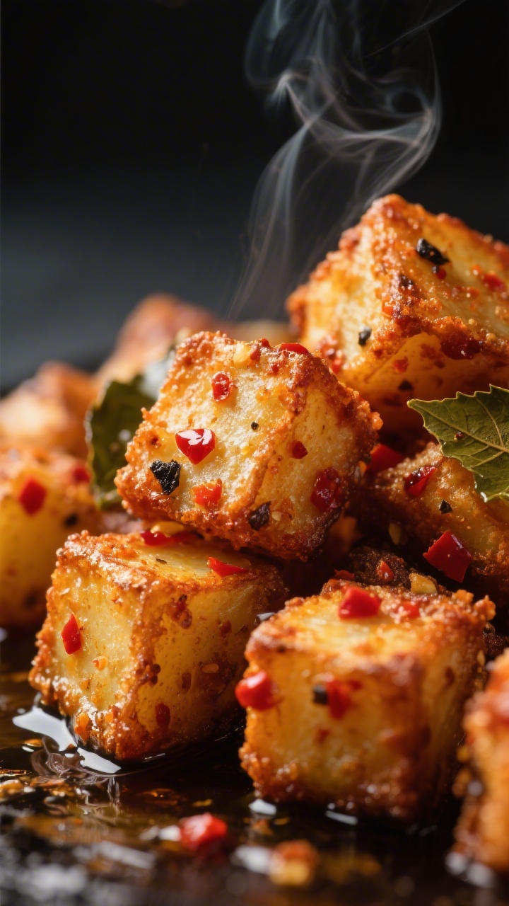 Close-up detail shot: Deep-fried Aloo 65 potato cubes just out of the oil, showing a craggy, golden-