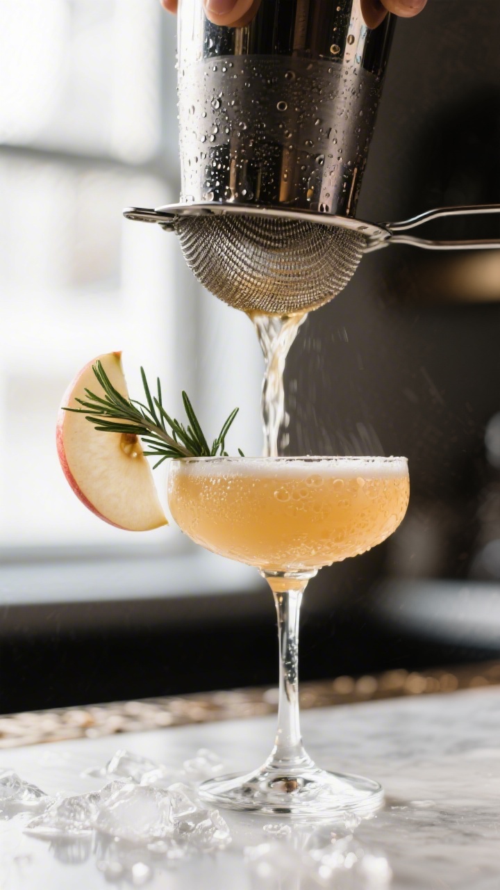 Close-up detail shot: Double straining a freshly shaken Rosemary Apple Cider Gin Cocktail into a chi