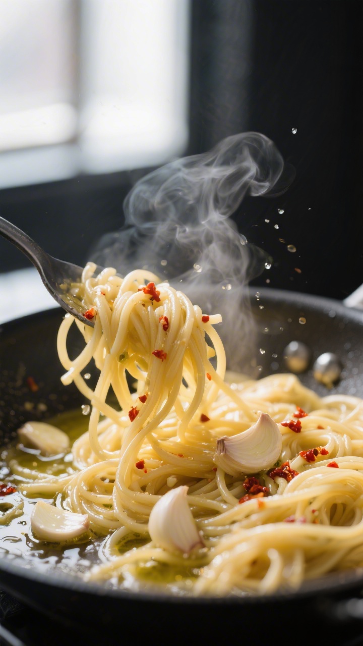 Close-up detail shot: Glossy spaghetti strands being vigorously tossed in a skillet with a silky gar