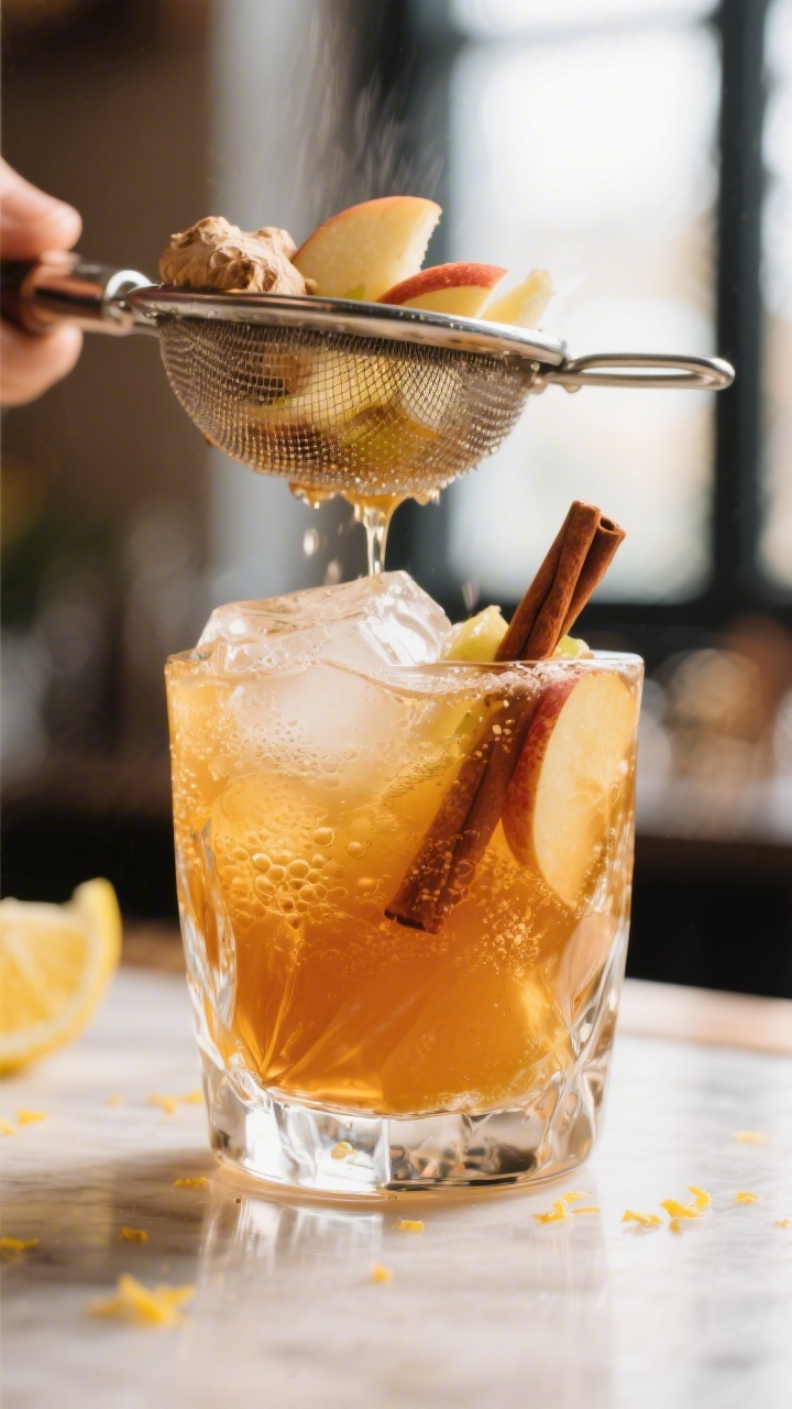 Close-up detail shot of a freshly shaken Cinnamon Whiskey Cider Smash being fine-strained into a chi