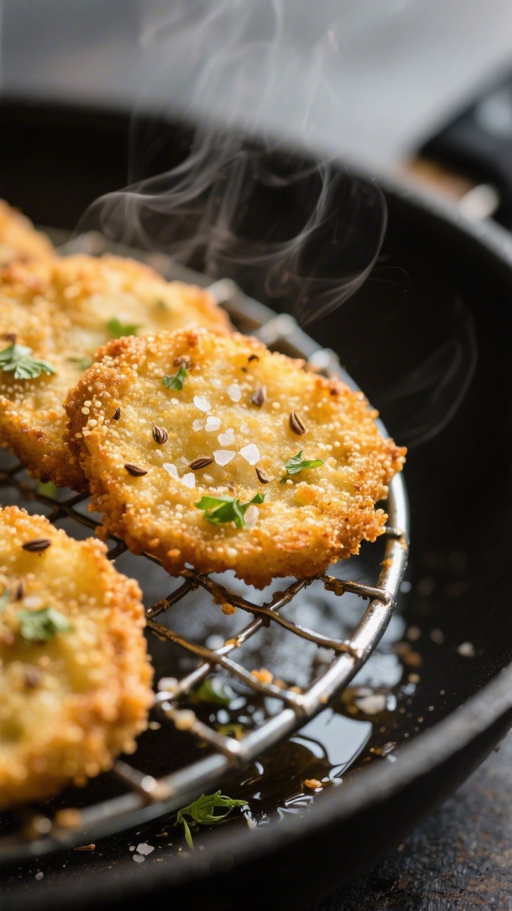 Close-up detail shot of freshly shallow-fried Potato Crispers (Aloo Tikki Crisps) just lifted onto a