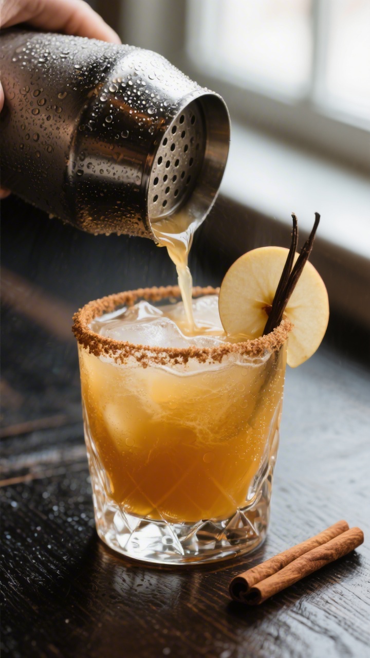 Close-up detail shot of the finished Vanilla Vodka Apple Cider Cocktail being strained from a frosty