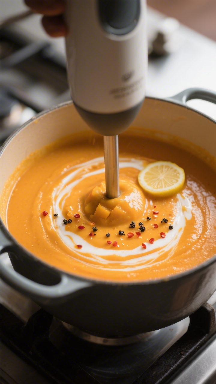 Close-up detail — Silky blended butternut squash and apple soup being finished in the pot: immersi