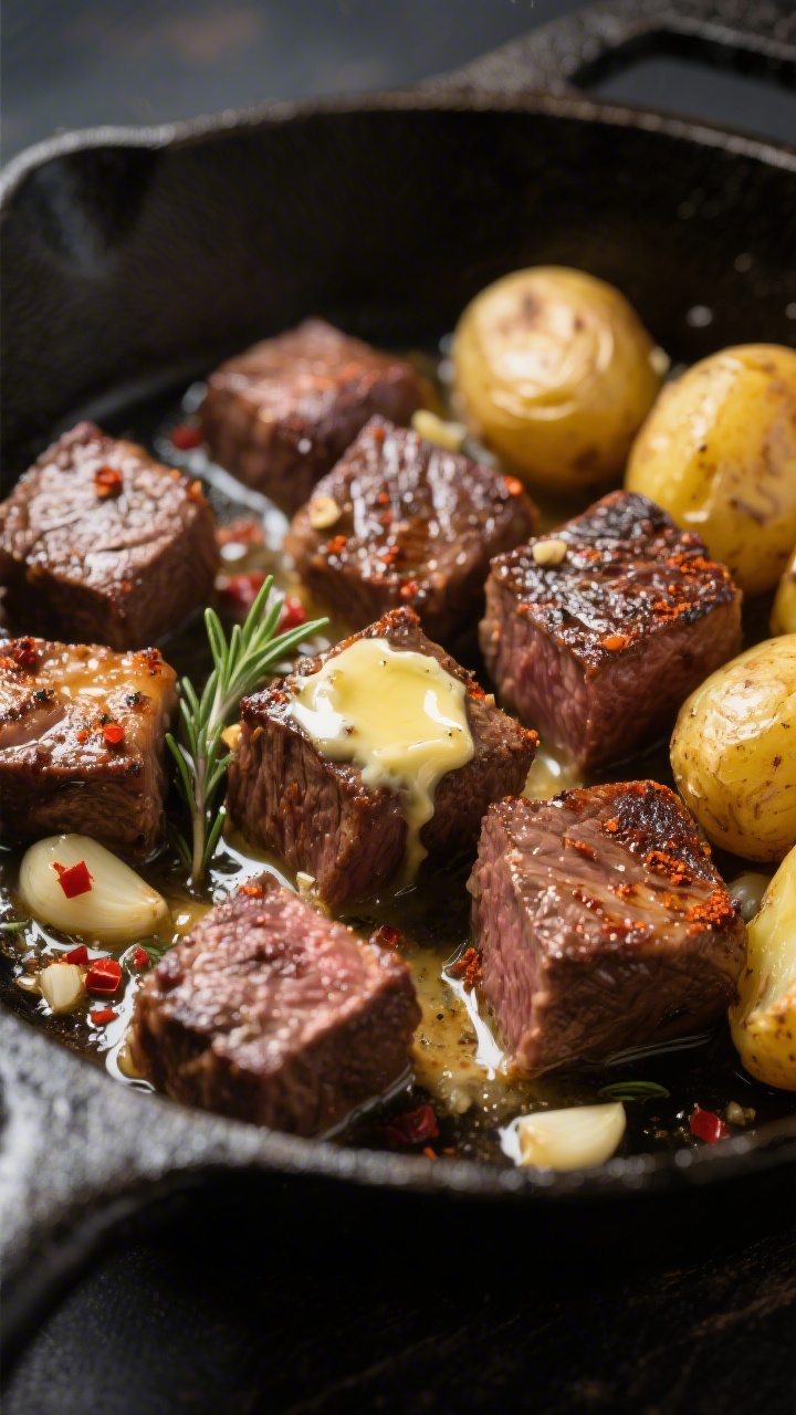 Close-up detail: Sizzling garlic butter steak bites in a cast-iron skillet, browned crust on 1-inch