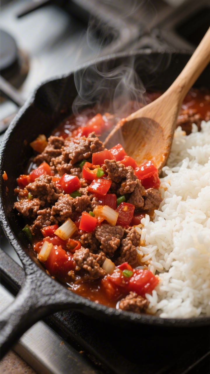 Close-up detail: Sizzling ground beef simmered with chunky red salsa in a black cast-iron skillet, g