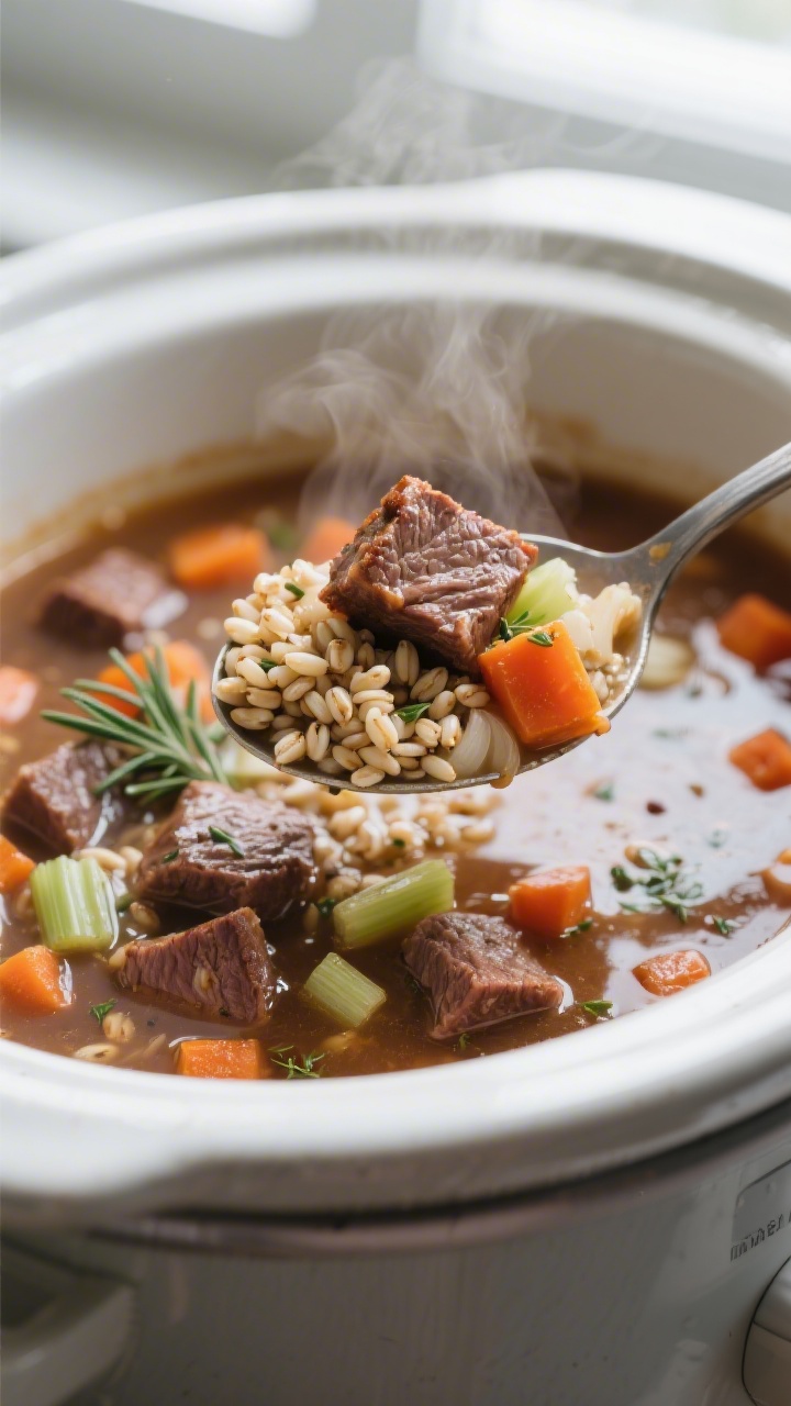 Close-up detail: Spoon lifting tender seared beef cubes and plump pearl barley from a steaming slow 