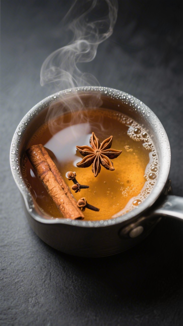 Close-up detail: Steam-kissed spiced cider base in a small saucepan after steeping, showing cinnamon