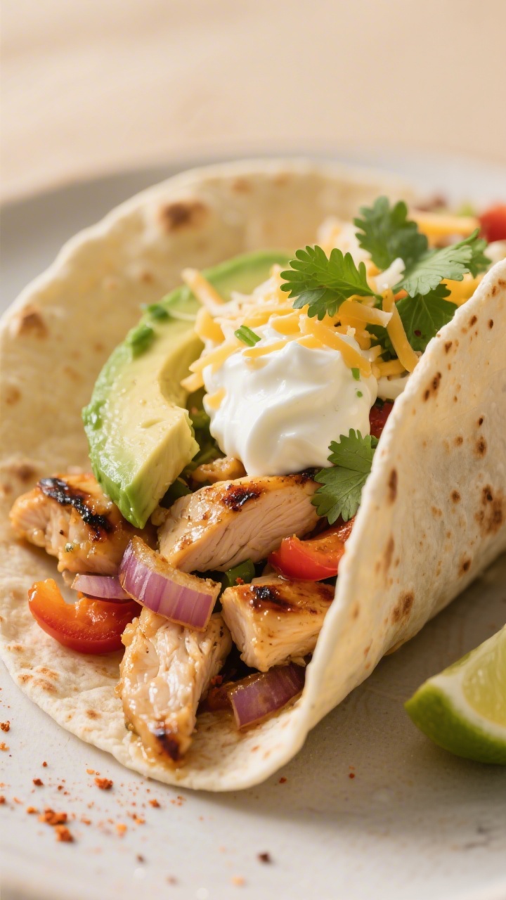 Close-up detail: Ultra-close shot of a warm flour tortilla being filled with juicy, cooked chicken s