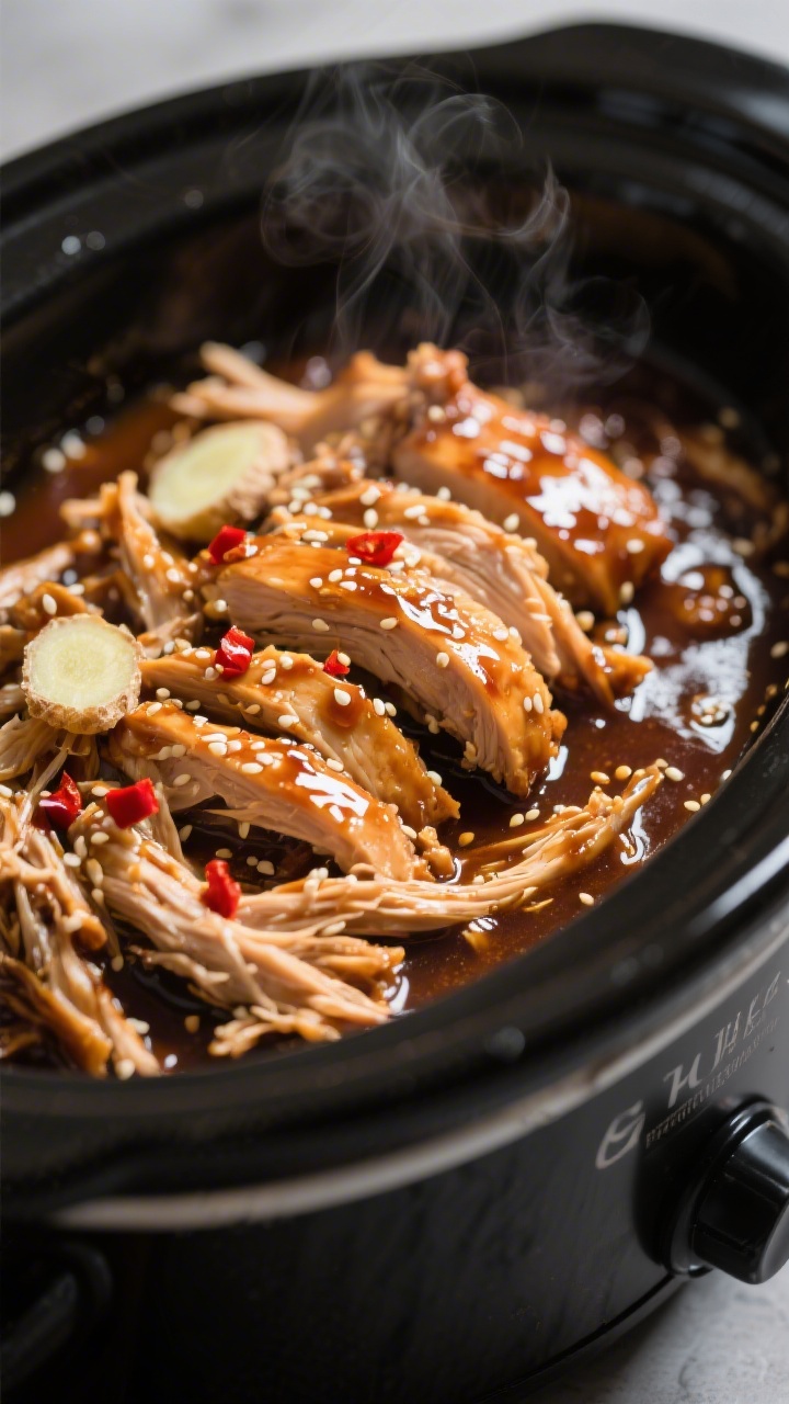 Close-up detail: Ultra-close shot of shredded slow-cooker teriyaki chicken being folded back into it