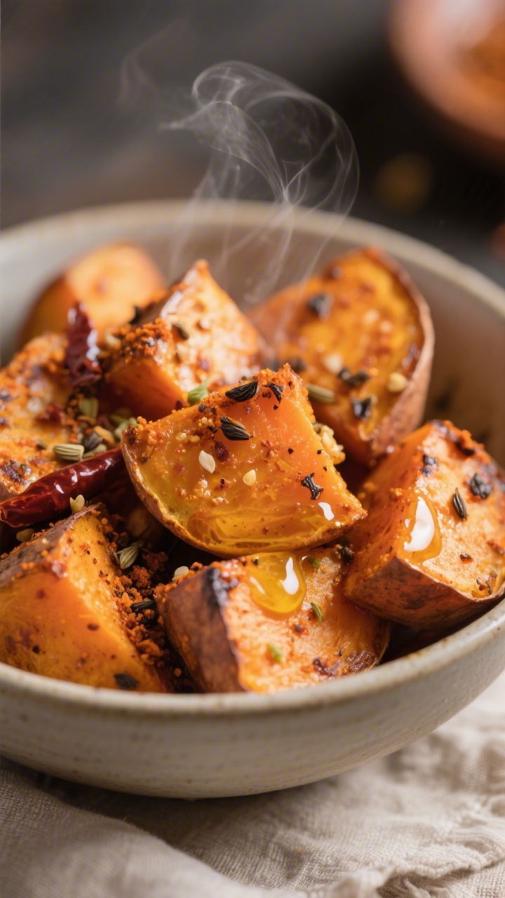 Close-up detail: Warm, just-peeled roasted sweet potato chunks in a bowl, glistening with a light dr
