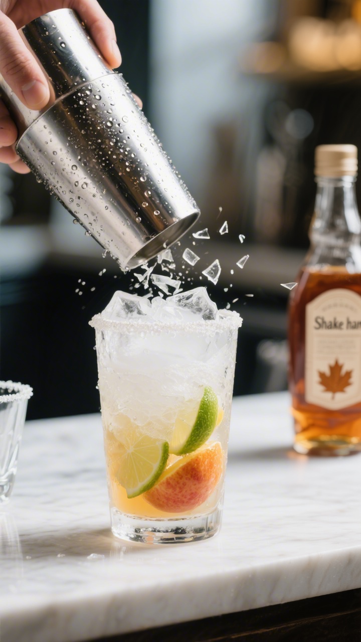 Cooking process: Action shot of “Shake hard” step—cocktail shaker opened to reveal icy, frothy