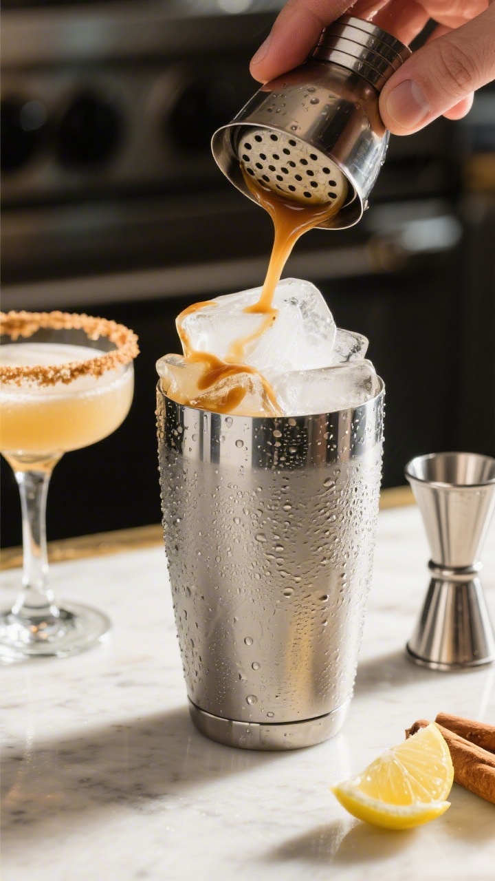 Cooking process: Action shot of the cocktail in the shaker just after ice has been added—lid off t