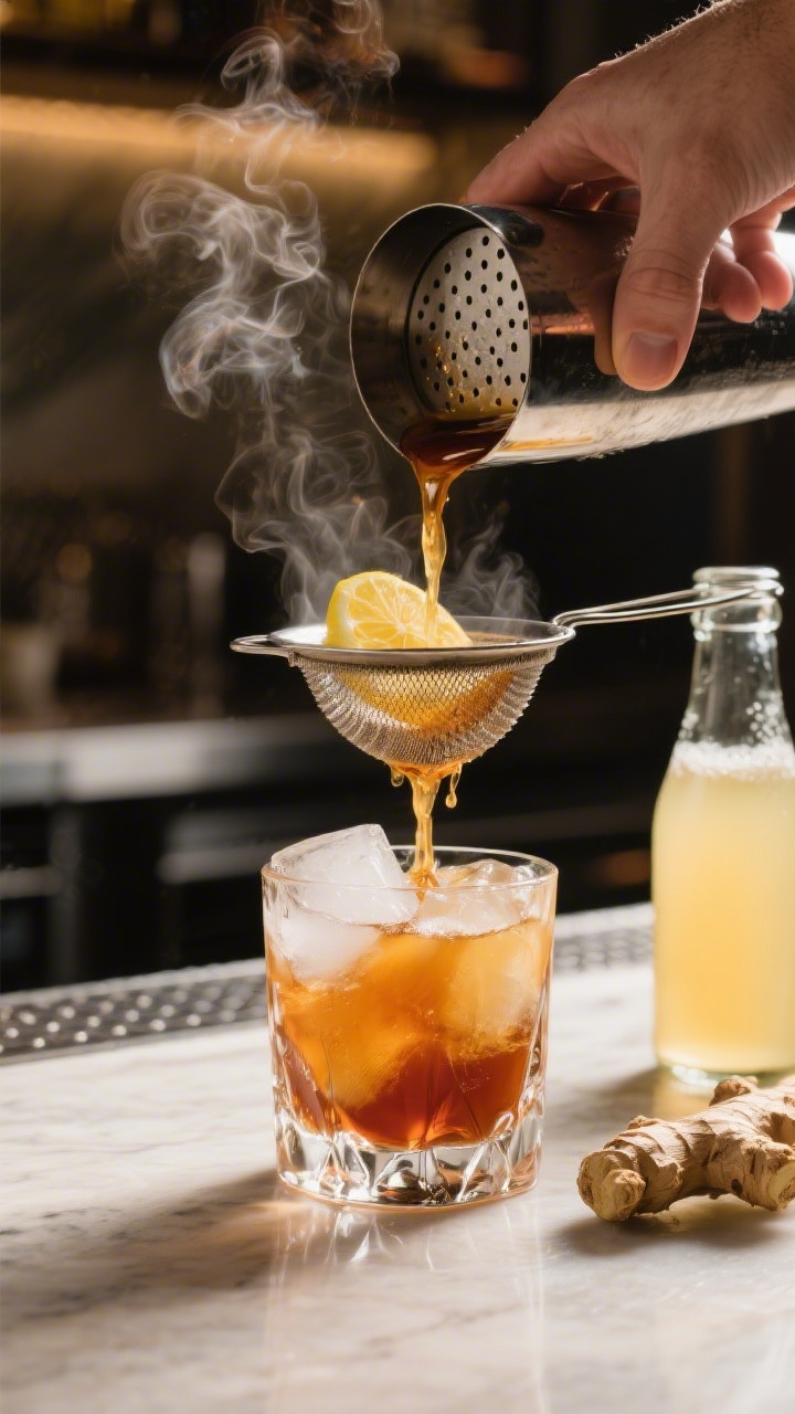 Cooking process: Action shot of the mixing stage—cocktail shaker just opened with steam-like chill