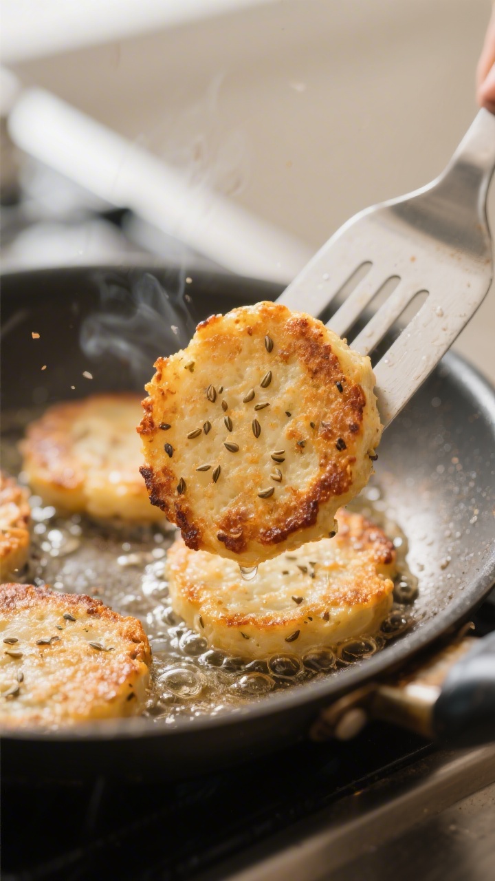 Cooking process action shot: Potato Crispers sizzling in a heavy skillet during the flip—spatula g
