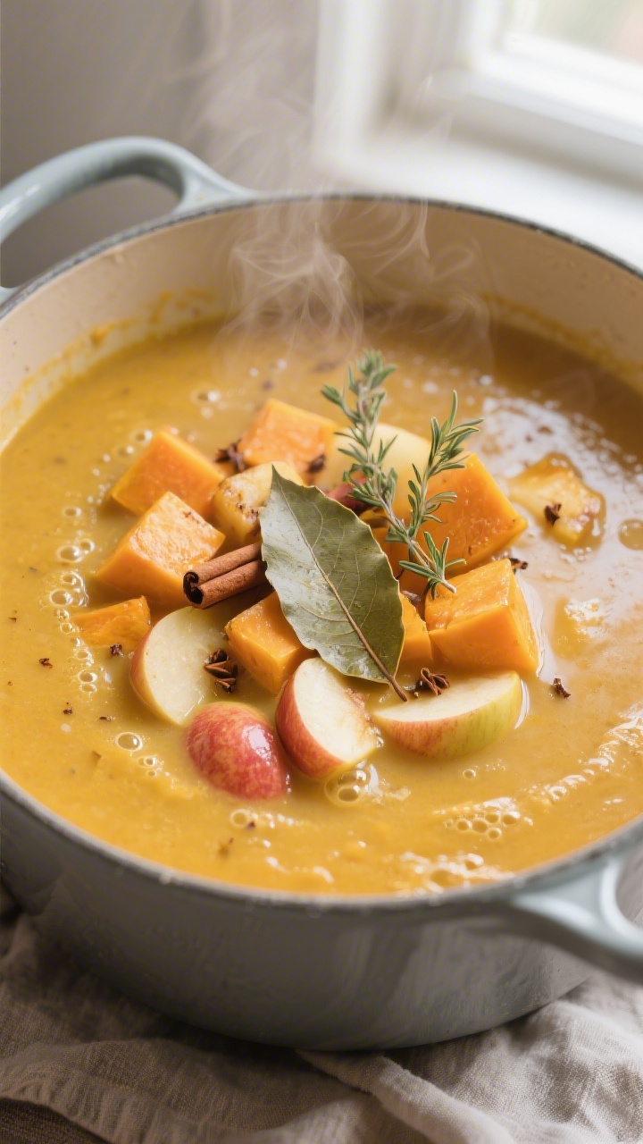 Cooking process — Butternut squash and apple soup base simmering in a Dutch oven: tender cubes of 