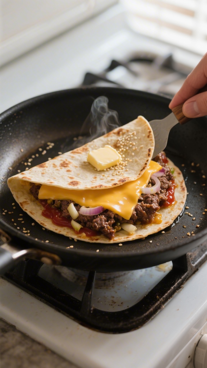 Cooking process: Cheeseburger quesadilla in a skillet mid-griddle, tortilla folded and being gently 