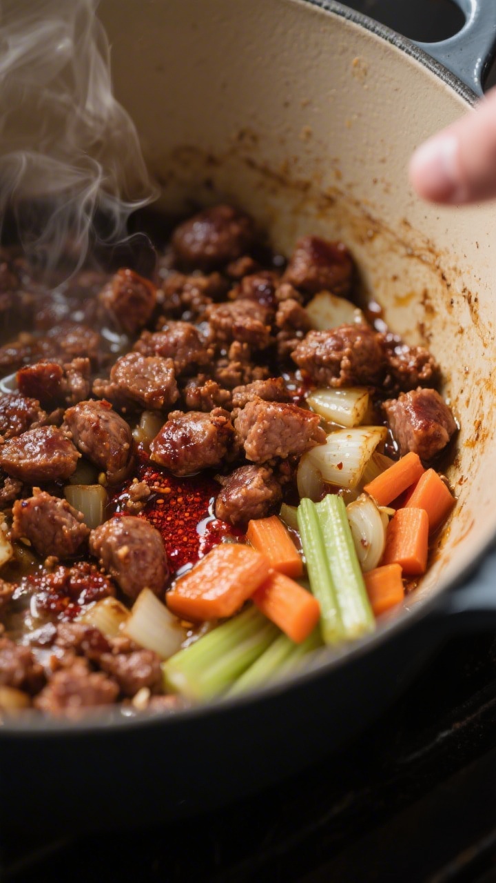 Cooking process close-up: Deeply browned crumbled Italian sausage sizzling in a Dutch oven with dice