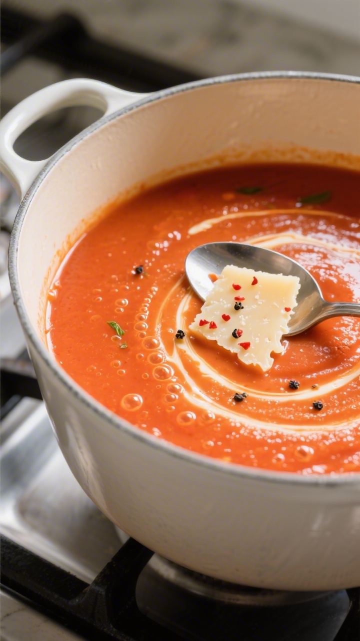 Cooking process, close-up detail: A large enameled pot of simmering tomato basil soup just after ble