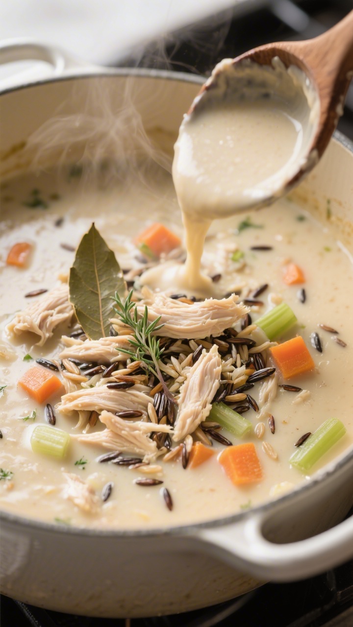 Cooking process, close-up detail: Close-up of creamy chicken and wild rice soup as the roux-thickene