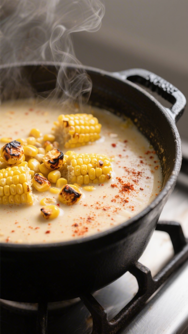 Cooking process, close-up detail: Close-up of Mexican Street Corn Soup simmering in a matte-black Du