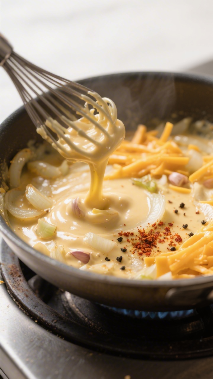 Cooking process, close-up detail: In a stainless skillet on the stovetop, the creamy cheddar sauce i