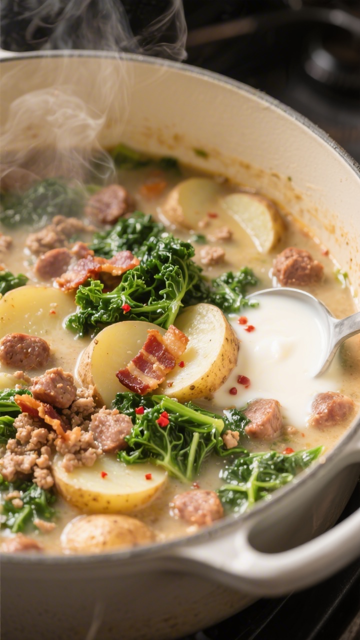 Cooking process, close-up detail: In-pot scene of Zuppa Toscana simmering after potatoes have soften
