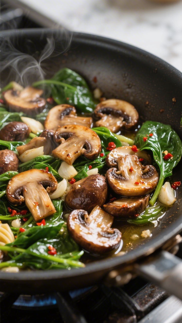 Cooking process, close-up detail: Sautéed mushroom medley in a wide stainless skillet, deeply brown
