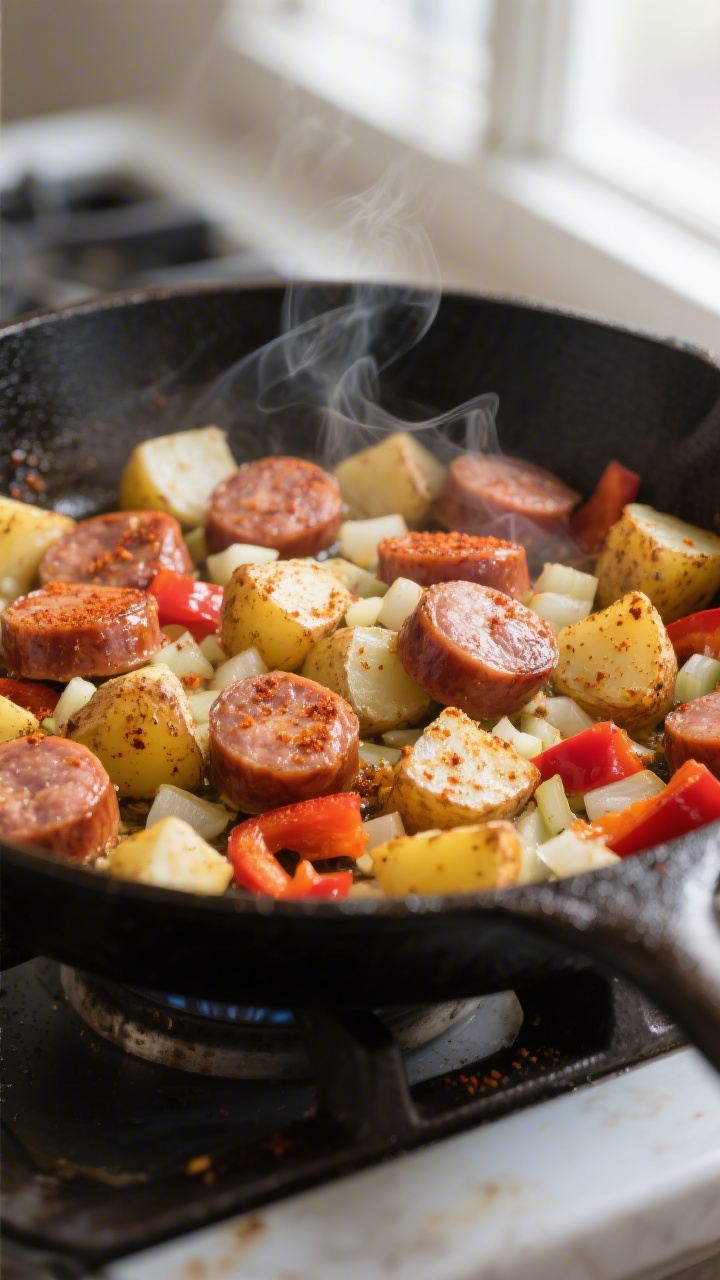Cooking process close-up: Golden-browning smoked sausage coins and ranch-seasoned potato cubes seari