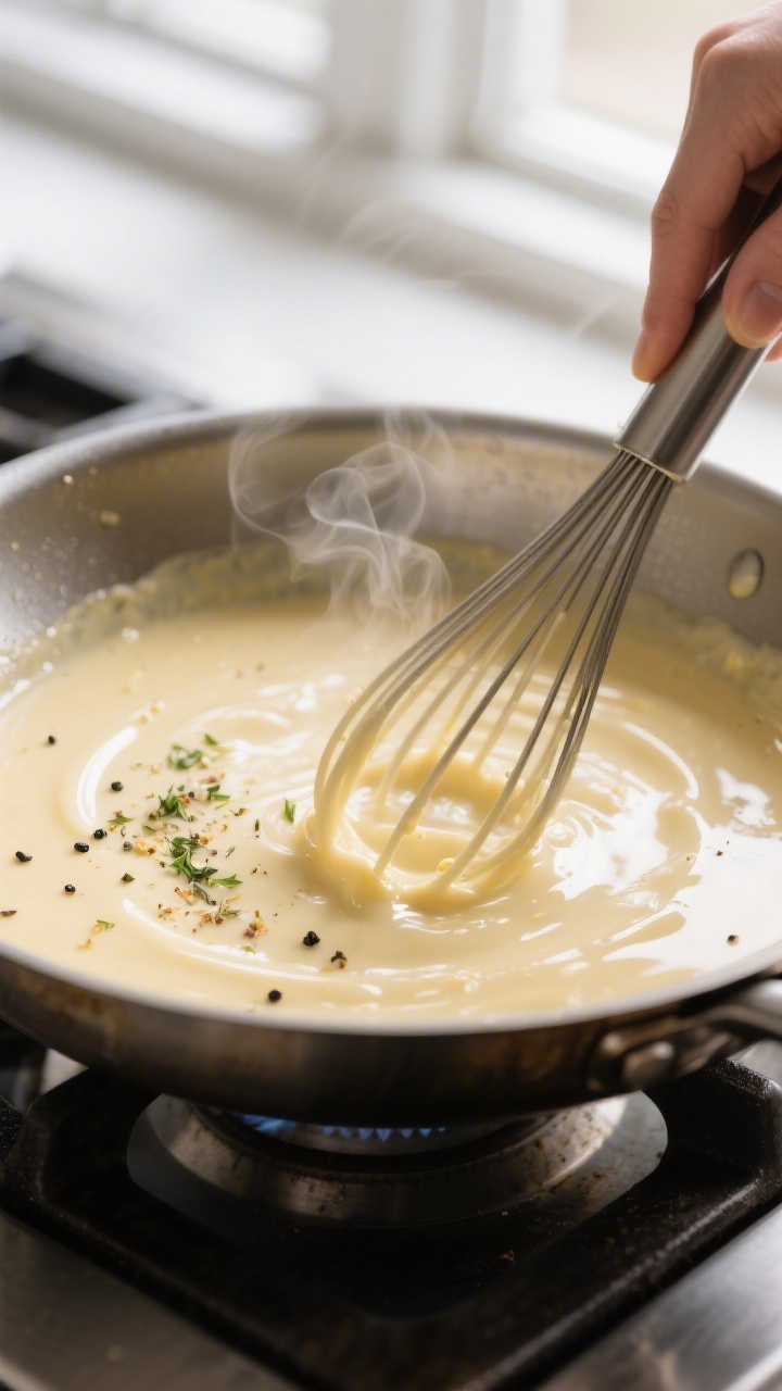 Cooking process close-up: Golden roux turning creamy as milk, cream, and chicken broth are whisked i