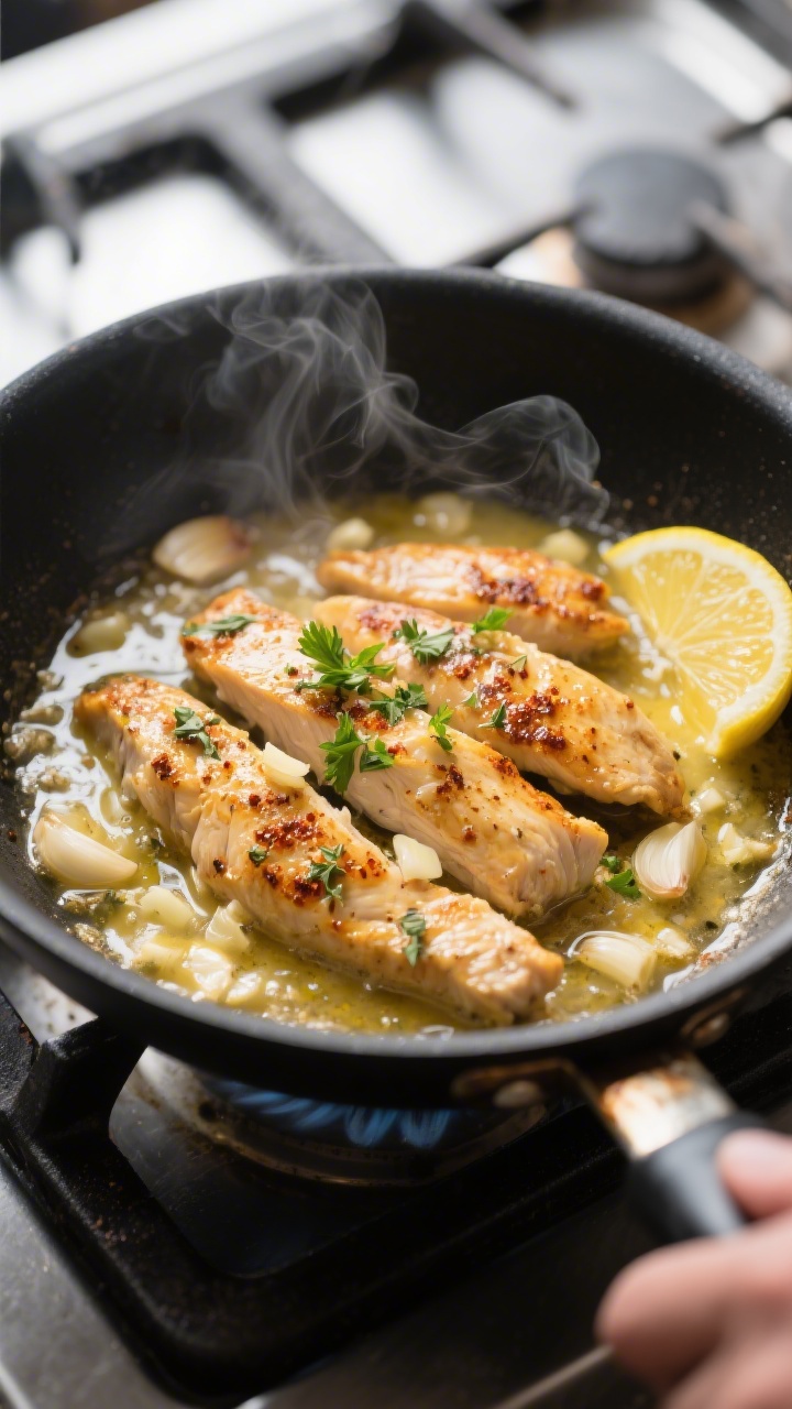 Cooking process close-up: Golden seared chicken strips sizzling in a glossy garlic-butter sauce in a