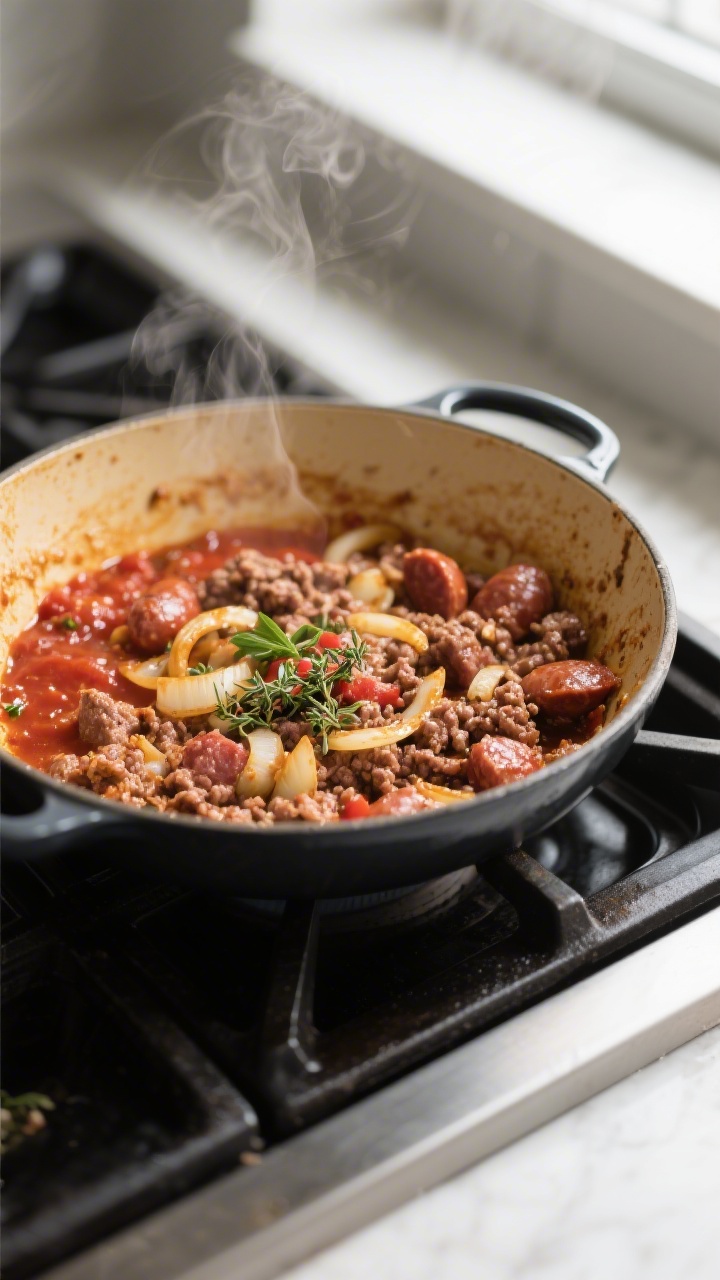 Cooking process close-up: Ground beef and sausage mix browning in a Dutch oven with golden edges and