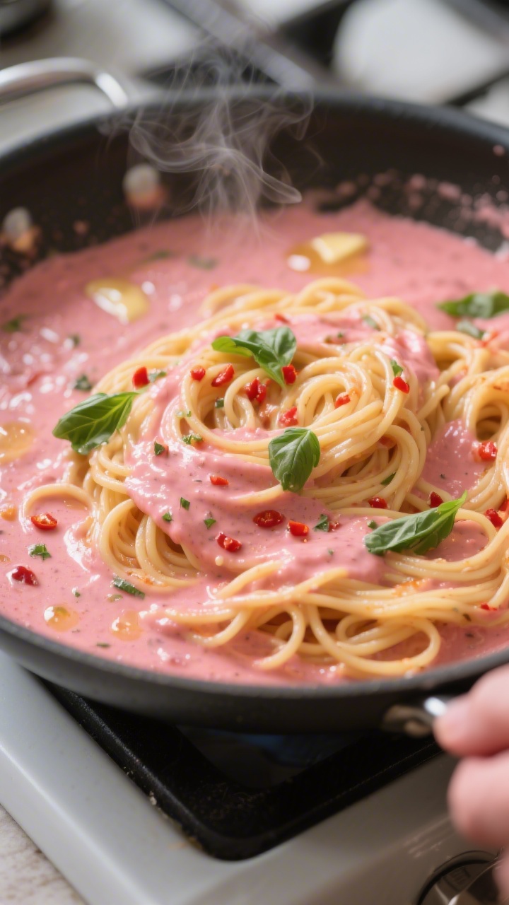 Cooking process close-up: Pink tomato-basil sauce developing in a wide skillet as spaghetti is tosse