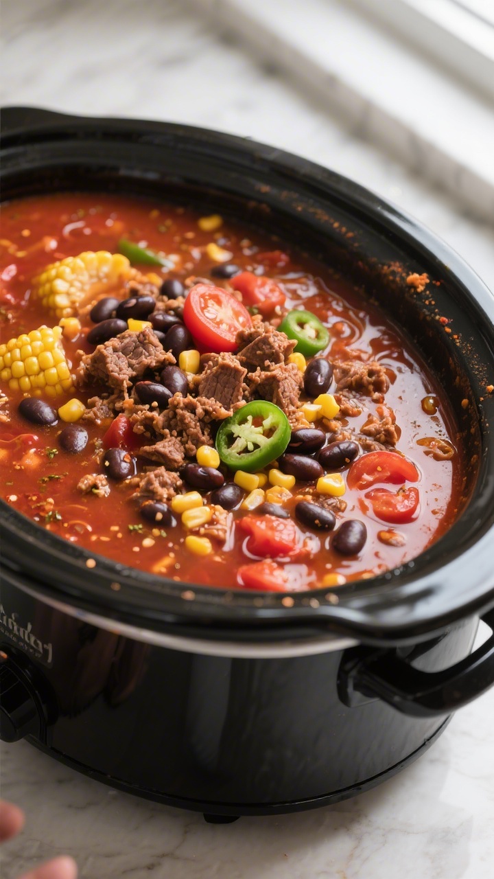 Cooking process, close-up: Rich beef taco soup simmering in a matte-black slow cooker, surface bubbl