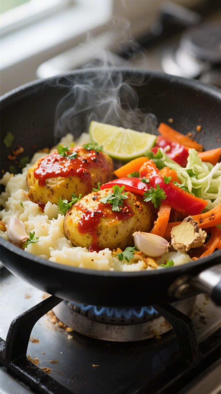 Cooking process close-up: Schezwan-spiced potato filling sizzling in a black skillet, showing golden