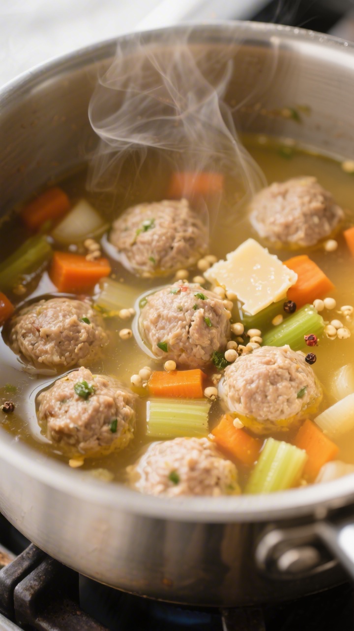 Cooking process close-up: Small Italian wedding soup meatballs simmering in a golden chicken broth w