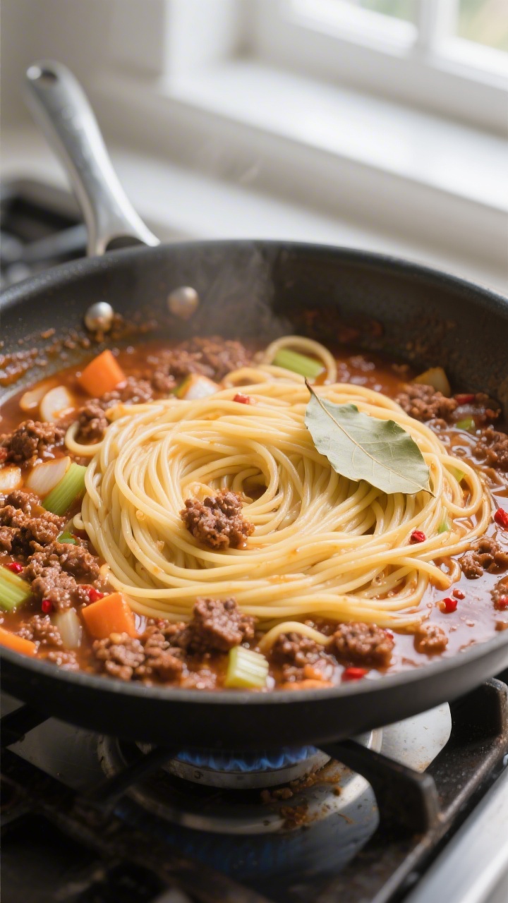 Cooking process close-up: Spaghetti simmering directly in rich bolognese sauce inside a wide, deep s