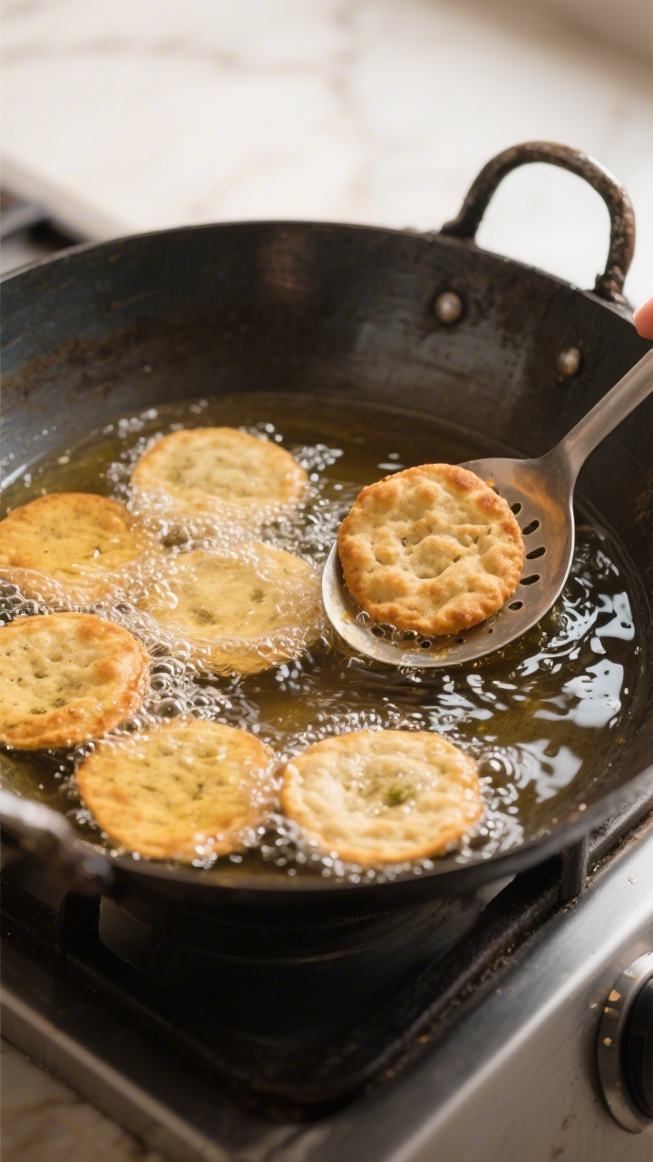 Cooking process: Mathri frying low-and-slow in a deep, wide kadai with neutral oil—several discs g