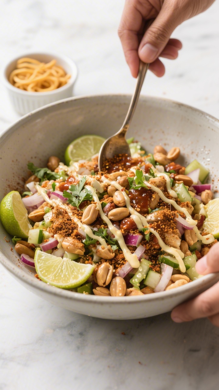 Cooking/process moment: Overhead shot of the peanut chaat just after seasoning—peanuts and chopped
