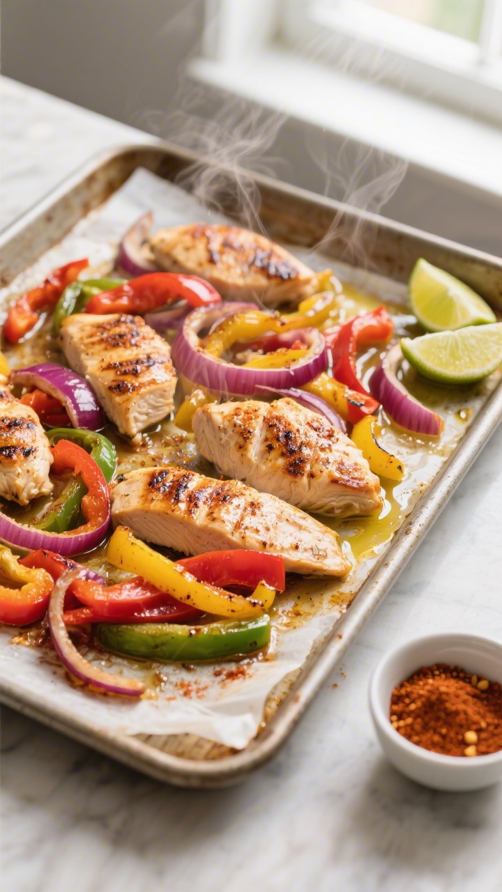 Cooking process, overhead: Sheet pan chicken fajitas roasting at 425°F on a parchment-lined rimmed