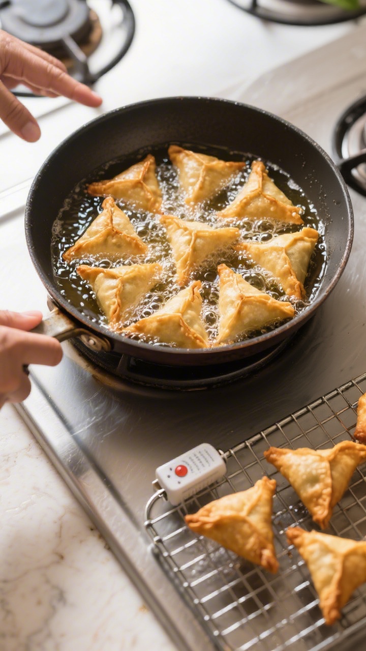 Cooking process: Overhead shot of mini samosas frying low and slow in a shallow kadai/skillet of gen