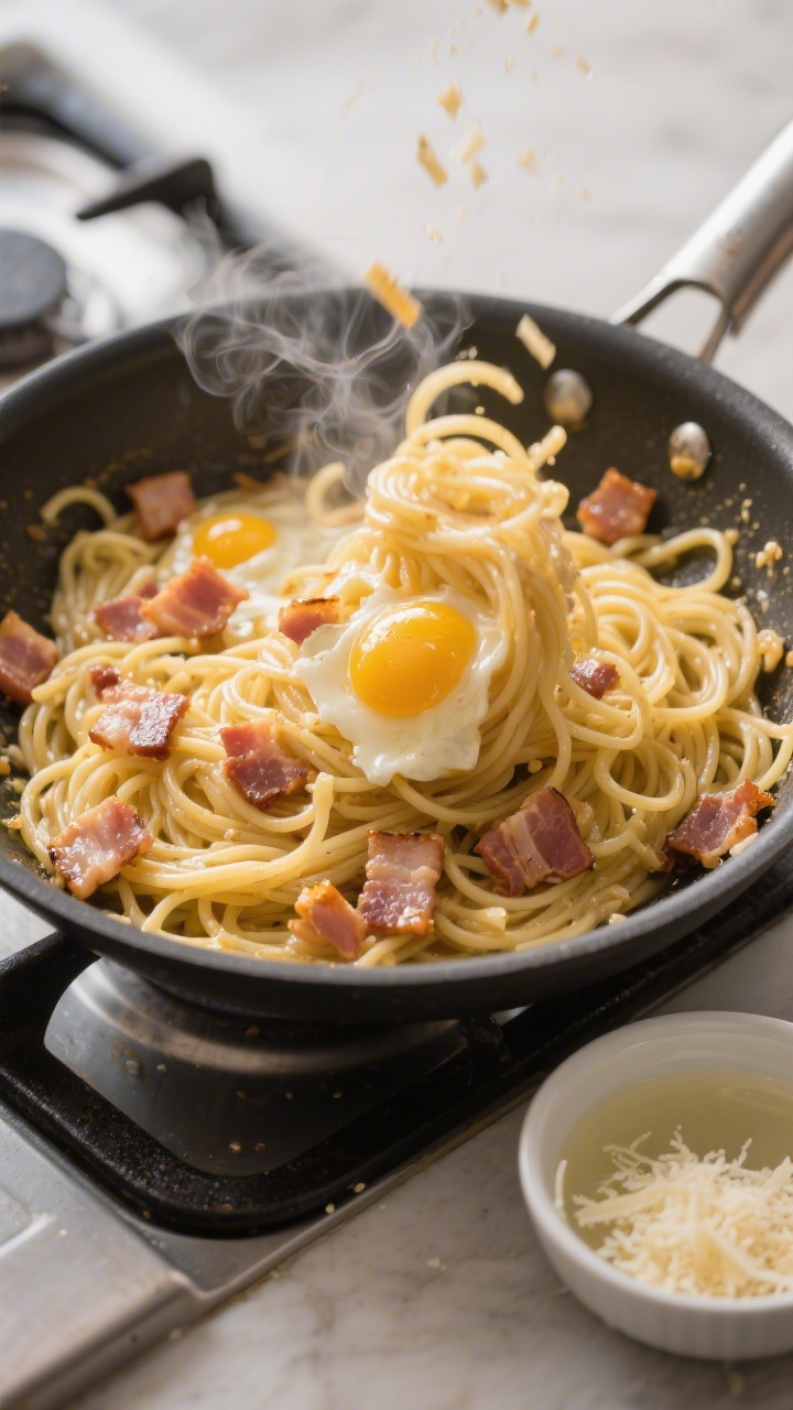 Cooking process: Overhead shot of spaghetti being vigorously tossed with pancetta in a warm skillet 